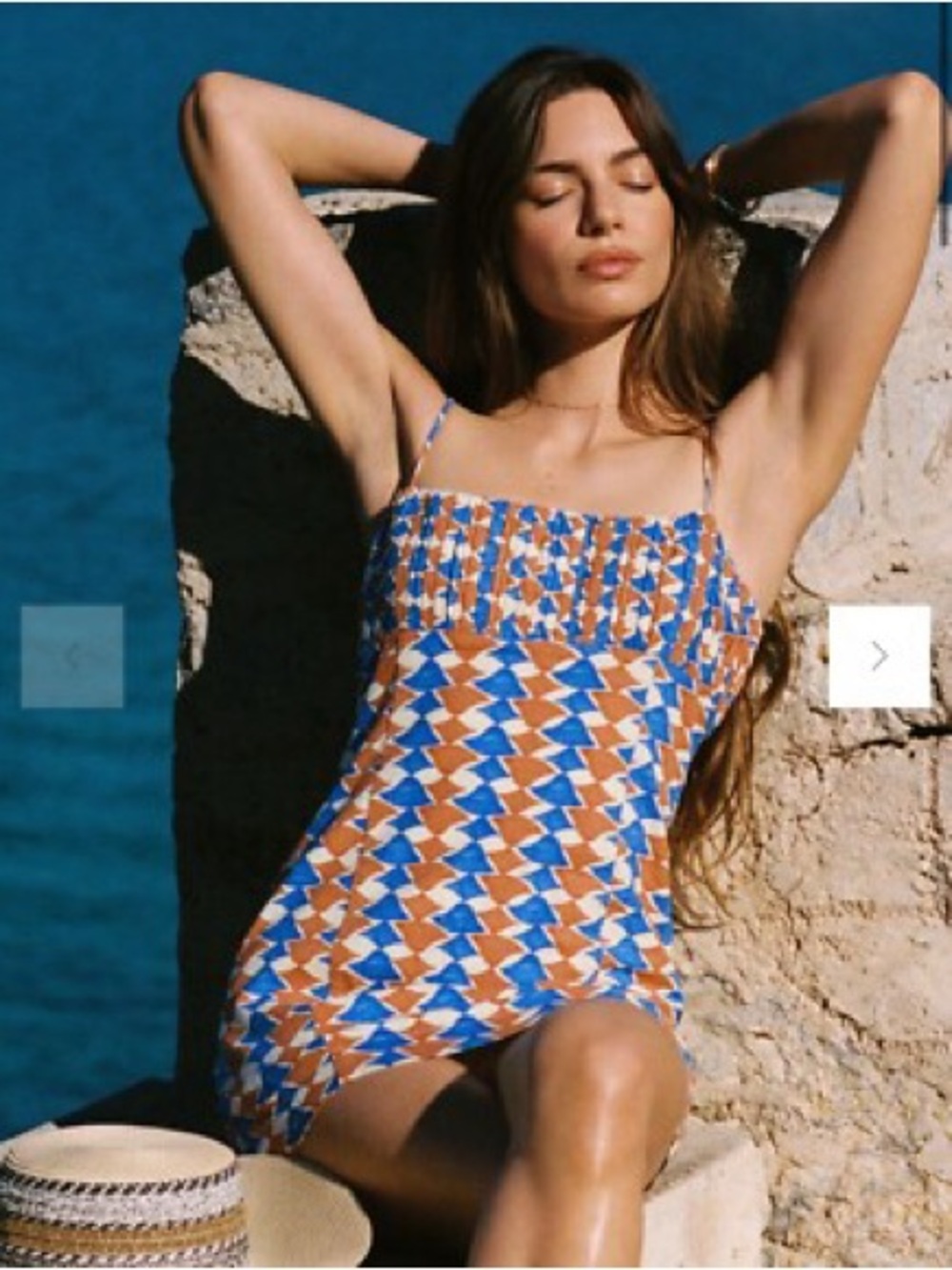 Anthropologie- Maeve brand Ophelia Blue and Brown Geometric Smocked Mini Dress